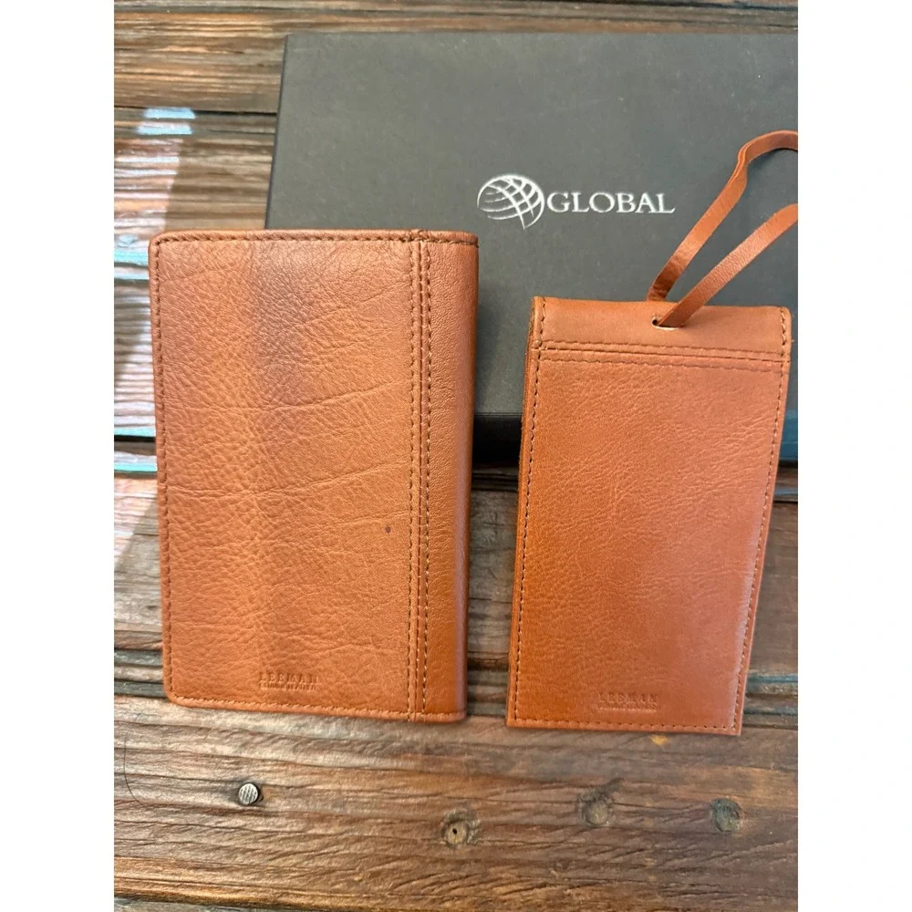 Leeman Designs Tan Leather Passport Cover and Luggage Tag Travel Gift Set Global